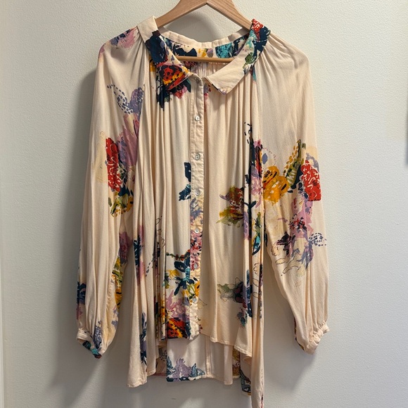 Free People Tops - Free People Cream Floral Button-Front Tie-Neck Blouse